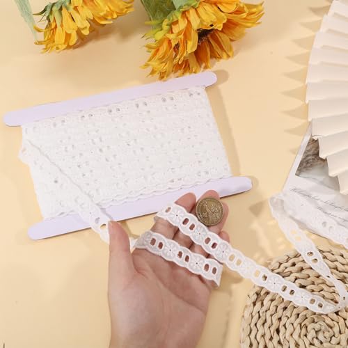 CHGCRAFT 16 Yards White Cotton Eyelet Lace Embroidery Ribbon Edge Floral Cotton Lace Ribbon Embroidery Lace Trim DIY Accessories for Sewing Clothes, 1 Inch Wide - size: 1 inch