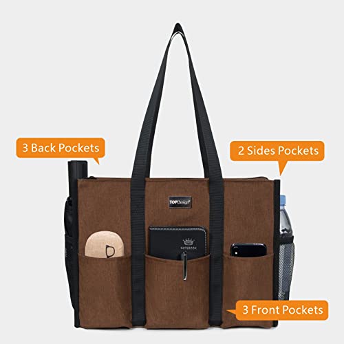 TOPDesign Utility Water Resistant Tote Bag with 13 Pockets, Zipper Closure - color: Brown, size: Medium