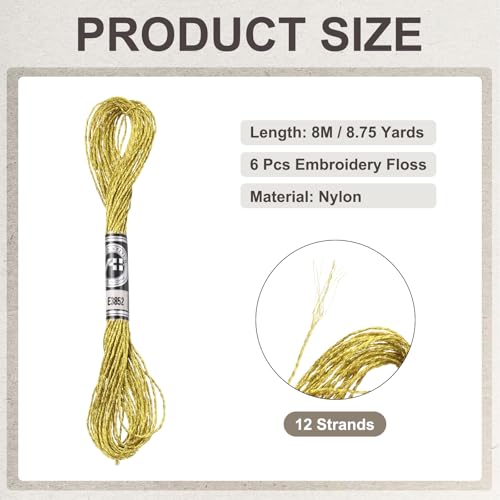PATIKIL 6 Skeins Embroidery Floss, Metallic Embroidery Thread Nylon Threads Bracelets String for Cross-Stitch Hand Embroidery, Gold Tone - color: Gold Tone