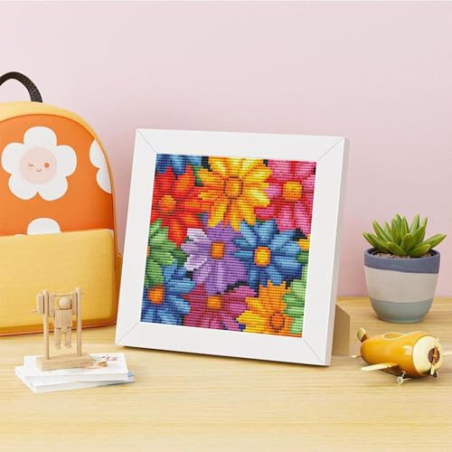 Colorful Daisies Stamped Cross Stitch Kits for Adults Beginners with Frame - color: Flowers Cross Stitch with Frame