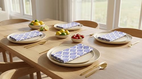 PurpleEssences Scalloped Cloth Napkins 18x18 in - Floral Paisley Edges Blue - color: Floral Paisley Edges - Blue