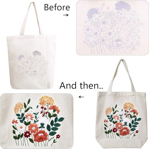 MAMUNU Canvas Tote Bag Embroidery Kit with Pattern for Beginners, Arts and DIY Crafts Kits for Adults, Include Instructions Embroidery Bag, Embroidery Hoops, Color Threads and Tool - color: Beige