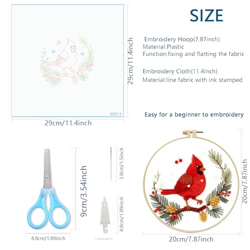 Zhenqing Cardinal Embroidery Kit for Beginners, Winter Red Bird Needlework Craft with Pre-Printed Cotton Fabric, Hoop, Threads & Tools, Holiday Decor (C0213) - color: Winter Cardinal