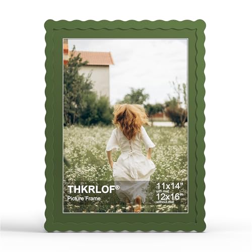 12x16 Picture Frame with Mat for 11x14, Wavy Edge Wooden Real Glass Photo Frame for Wall Hanging, Green, 1 Pack - color: Green, size: 12x16 in
