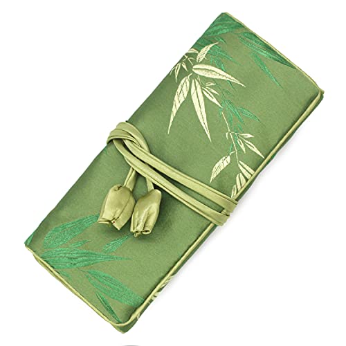 SmilerSmile Jewelry Travel Bag Embroidery Travel Jewelry Organizer with Tie Close Embroidered Flower Jewelry Roll for Women Girls (Bamboo Green) - color: Bamboo Green