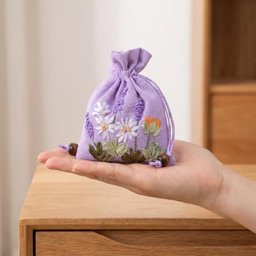 Hoement 4Pcs Embroidered Lavender Sachet Bags Small Drawstring Linen Brocade Pouches for Jewelry Storage Wedding Favor and Fragrance Packaging