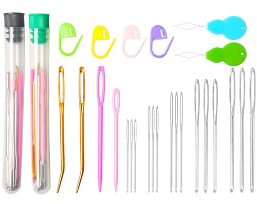 Hekisn 45Pcs Large Eye Blunt Yarn Needles kit, Assorted Sizes Bent Tapestry Darning Needle, Sewing Needles with Needle Threaders & Stitch Markers for Knitting Crochet (Green&Black) - color: Green&Black