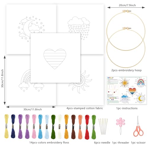 INFUNLY 5 Sets Rainbow Sun Embroidery Kits for Beginners DIY Cross Stitch Starter Sets with Instructions Heart Moon Pattern Needlepoint Kits with Embroidery Cloth Colored Threads Hoops Tools - style: Weather themes