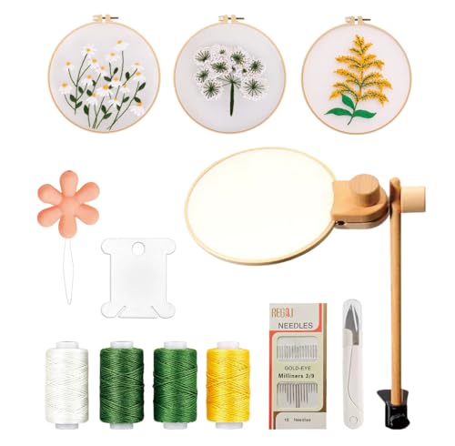 Wooden Adjustable Rotatable Embroidery Hoop Stand, No‑Assembly Holder with Inner Groove Anti‑Slip Design, Bonus Tools: Floral Patterns, Hoops, Scissors, Threader & Floss
