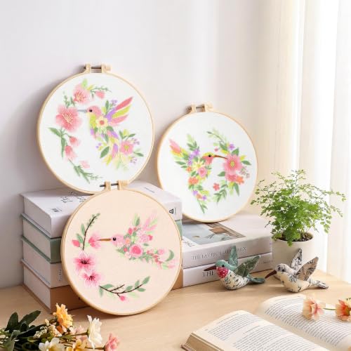Mindsoft 3 Set Needlepoint Kit for Beginners with Hoop,Flower Hummingbird - style: Flower Hummingbird