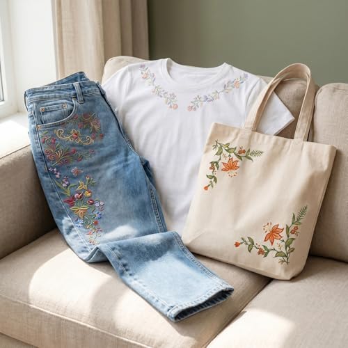 VARMDUKKE 4 PCS Pre-Printed Floral Water Soluble Embroidery Patterns, Stick and Stitch Embroidery Transfer Paper, Flower Embroidery Stickers Patterns for Hand Sewing Lover Beginners - White, Black