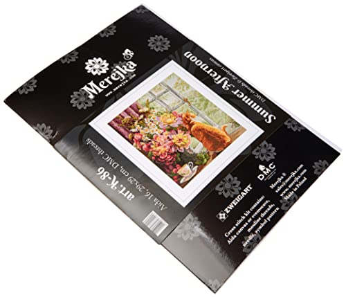 Merejka Counted Cross Stitch Kit – Summer Afternoon K-86 – Ginger Cat & Floral Bouquet Window Scene – Zweigart Aida 16 Light Blue, DMC Threads, 40 Colors – 29x29 cm (11.4x11.4 in)