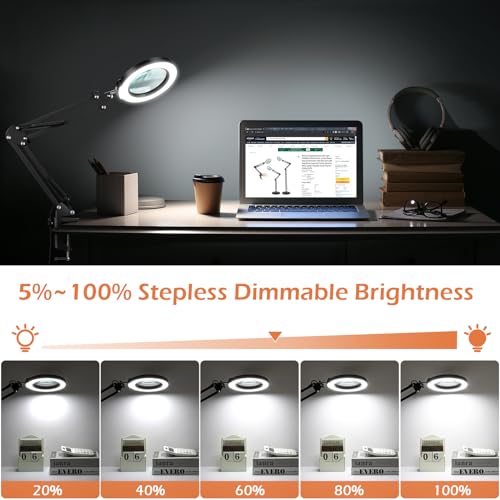 Real Glass Magnifying Glass with Light and Stand, LED 5 Color Modes, Stepless Dimmable Magnifying Floor Lamp, 3-in-1 Adjustable Swing Arm Lighted Magnifier Lamp with Clamp for Reading, Craft - Black - color: Black