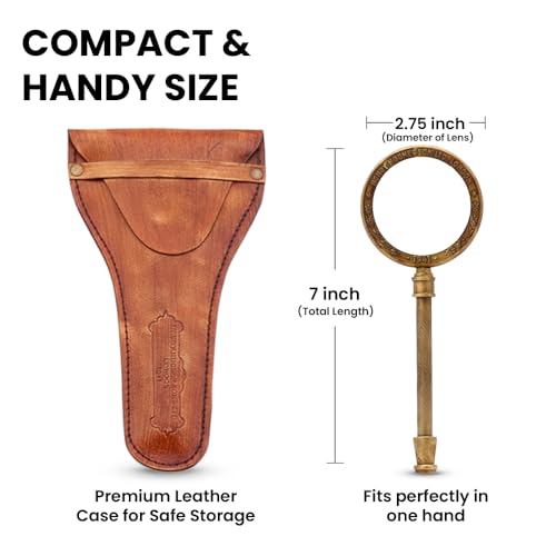 Brass Manifer Magnifying Glass with Leather Storage Case, Handmade Magnifying Lance, Vintage Look, Antique Style, Reading, Low Sight Elderly, Collectible - style: Brass Handel with Leather Case