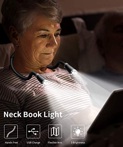 LED Neck Book Light USB Rechargeable, Hands Free, 4 Super Bright LED Bulbs, 3 Adjustable Brightness, Best for Reading in Bed, Knitting, Walking, Jogging, Mending in Night (Black) - color: Black