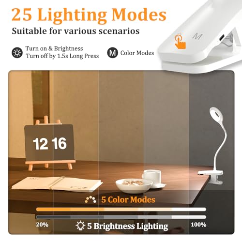 Rechargeable Clamp Light, LED Bed Reading Lamp for Headboard Desk - color: White