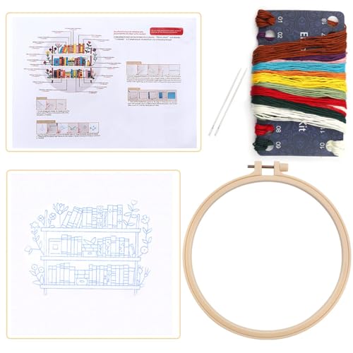 Embroidery Kit for Beginners, Needlepoint Kits for Adults with Bookshelf Stamped Pattern Hand Crafts, Adults Starter Cross Stitch Kit DIY Needlepoint with Hoop, Needles Stamped Patterns DIY Supplies - color: Bookshelf