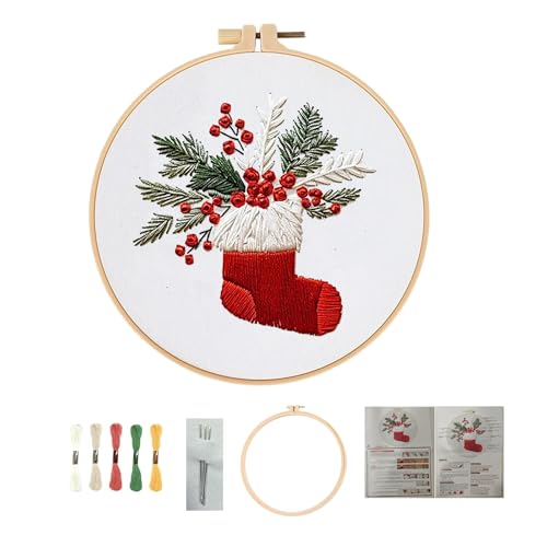 JCBCKJ Christmas Embroidery Beginner Set - A Cross Stitch Set Suitable for Beginners, with Step-By-Step Guide, Pre Printed Fabric, Christmas Sock Gift Pattern Embroidery