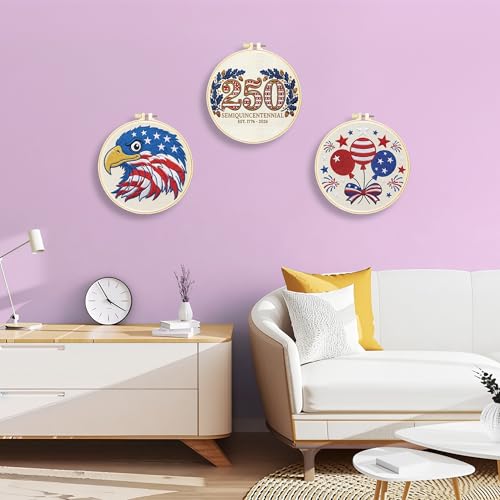 Huacan Embroidery Kit for Adults Beginners with 3 Hoops & Gift Box - color: US 250th Anniversary