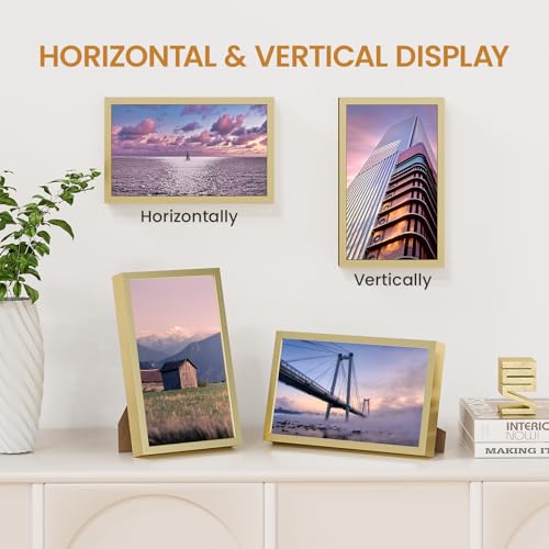 5x8 Aluminum Metal Picture Frame,Tempered Glass Gold Photo Frame 5x8 for Family Photo,Posters,Art,Document to Wall Mount Horizontally or Vertically - size: 5x8