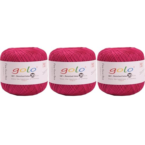 golo 3 Balls Crochet Thread Size 30 Embroidery Thread Yarn for Hand Kniting Yarn for Tatting 600 - color: 000-600 Hot Red