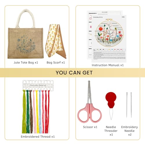 SNAIL GARDEN Linen Tote Bag DIY Embroidery Kit for Beginners with Scarf, Printed Cross Stitch Craft Kit with Thread, Needle & Guide – Reusable Grocery Bag for Women