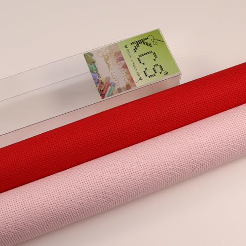 KCS 2 pc of 15" x 18"(38cmx45cm) Counted Cross Stitch Cotton Aida Cloth Needlework Fabric Box (Pink+Red, 18CT) - color: Pink+red, size: 18CT