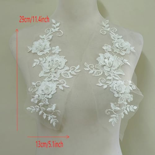 2 Pair 29 * 13cm Red/Pink/Purple/Sky Blue Wedding Dress Lace Shirt Accessories Embroidery Lace Garment Design DIY Accessories (White) - color: white