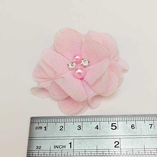 Chenkou Craft Pack of 12pcs Chiffon Flowers Ribbon Bows W/Beads 2-3/8" (60mm) Appliques Wedding Decor Bulk Lots (Pink) - color: Pink