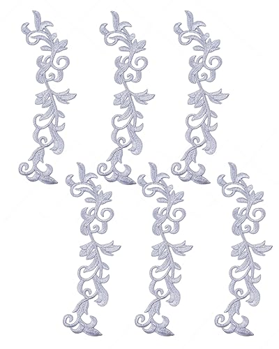 6 Pieces Metallic Leaves Embroidered Iron on Patch Flower Vine Border Lace Applique Long Scroll Motif for Dress Pillow Sewing Accessories Embellishment (Silver) - color: Silver