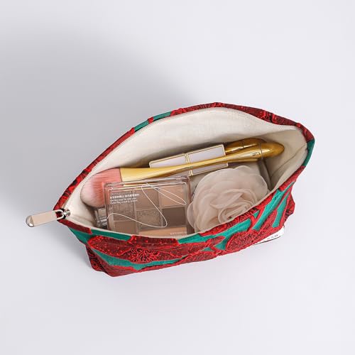RANIT Retro Red Jacquard Cosmetic Bag - Durable Canvas Luxury Handheld Travel Toiletry Storage Bag Large - color: Red, size: Large