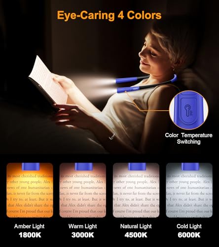 Gritin Book Light, Eye Caring 4-Color&5-Brightness Neck Light Reading Light - color: Dark Blue, size: Upgraded