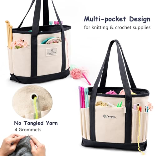 MYBAGZING Yarn Bags for Crocheting,Canvas Crochet & Knitting Tote Organizer - color: Nature-Black, size: Medium-12.5“