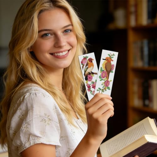 ORIGACH 6 Set Wild Bird Blossom Cross Stitch Bookmark Kit for Beginner - style: Bird & Flowers