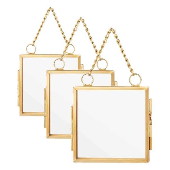 OLYCRAFT 6pcs Gold Mini Glass Hanging Frame 2.1x2.1 Inch Gold Metal Picture Frames Clear Double Glass Floating Frames Hanging Artwork Display Frame for Pressed Flowers Leaf and Artwork (Pack of 3) - size: 2.1x2.1 Inch (Pack of 3)