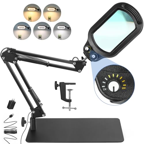 15X Rectangle Magnifying Glass with Light and Stand, Real Glass Lighted Magnifier Hands Free, Mechanical Knob 5 Color Modes Stepless Dimmable, 2-in-1 LED Desk Lamp with Clamp for Close Work, Reading