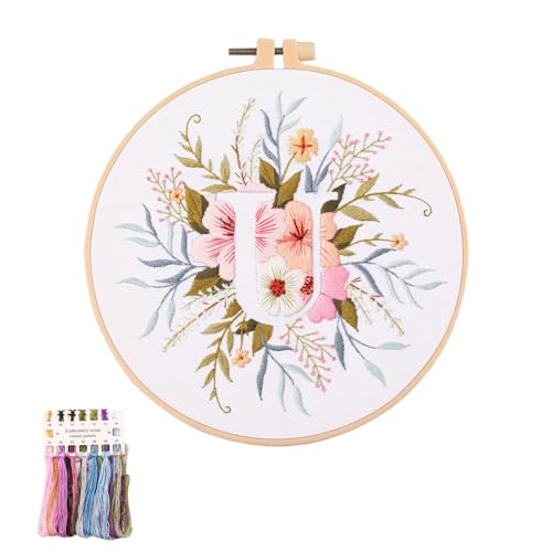 artcici Embroidery Kits Plant Flower Leaf English Letter Patterns for Beginners Adults, Full Range Embroidery Starter Kits Cross Stitch Needlework Supplies (Letter U) - color: Letter U