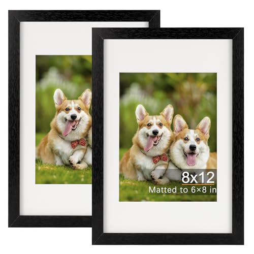 TOFOREVO 8x12 Picture Frames with 6x8 Mat Set of 2, Black - color: Black Wood Grain, size: 8x12