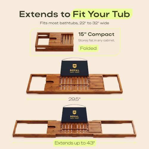 ROYAL CRAFT WOOD Premium Foldable Bathtub Tray Caddy - Wood Bath Tray for Tub, Bamboo Shelf, Expandable Bath Table Trays, Bathtub & Bathroom Accessories for New Home & Mothers, Birthday Gifts for Mom - color: Carbonized Bamboo