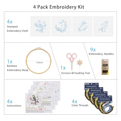 Phylisn 4 Sets Embroidery Kit for Beginners Adults,Needlepoint Starter DIY Kits with Patterns,Hoop,Color Threads,Tools,Easy Learn to Embroider with Instruction & Video