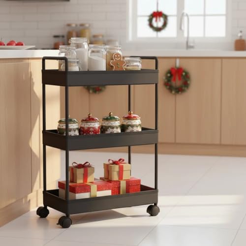 Ronlap 3 Tier Slim Rolling Storage Cart with Wheels Utility Organizer,Black - color: Black