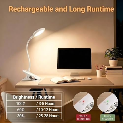 LACOKI Clip on Rechargeable Reading Light for Bed, 3 Color x 3 Brightness 28 LEDs Desk Light, Eye-Caring Desk Lamp with Clamp for Headboard, Table, Desk
