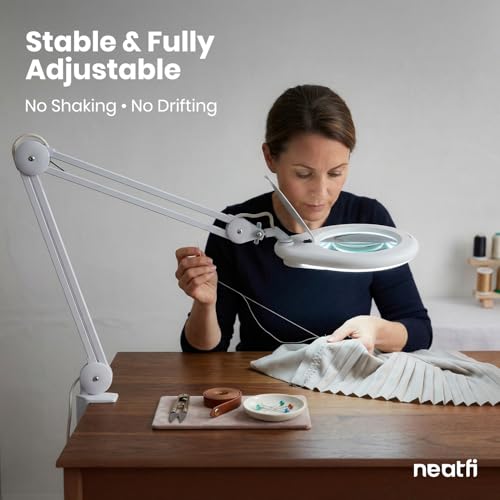 Neatfi Elite XL HD Super LED Magnifying Lamp – 7” Glass Lens, 5-Diopter, 6500K Daylight | Glare-Free, Adjustable Arm | Reading, Sewing & Crafting (White-3, 7-inch Lens, Non-CCT with Clamp) - color: White-3, size: 7-inch Lens, Non-CCT with Clamp