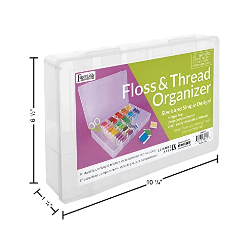 Essentials By Leisure Arts Embroidery Floss Organizer Box with 50 Bobbins, 17 Compartment Clear Storage Case with Living Hinge, Tangle Free Floss Storage, 10.63 x 7.19 x 1.75 Inch