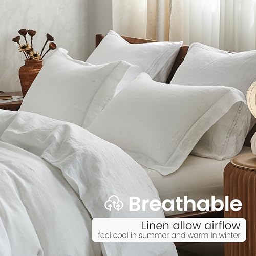 Simple&Opulence 100% French Linen Pillowcases with Embroidery – Pack of 2, Washed Solid Color Natural Flax, Soft & Breathable - White, 20'' x 26'' - color: White, size: Queen