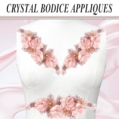 Handmade 3D Flower Embroidery Applique Rhinestone Lace Patches, Pink, 1 PC - color: Pink