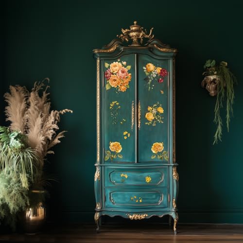 Floral Vintage Rub on Transfer for Furniture Large Flower UV DTF Transfer Sticker for Wood Glass Home Decor, Autumn Orange Peony - style: Autumn Orange Peony