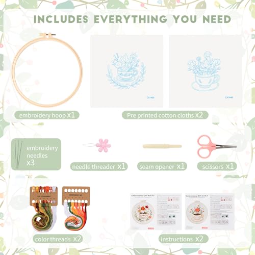 MAKHOT Folwer Embroidery Kits for Beginners with Cross Stitch Kits, Embroidery Hoop, Tools,Colorful Threads,Step by Step Instructions,Adults Starter Cross Stitch Kit DIY Needlepoint(2PCS Cup Flower) - color: 2PCS Cup Flower