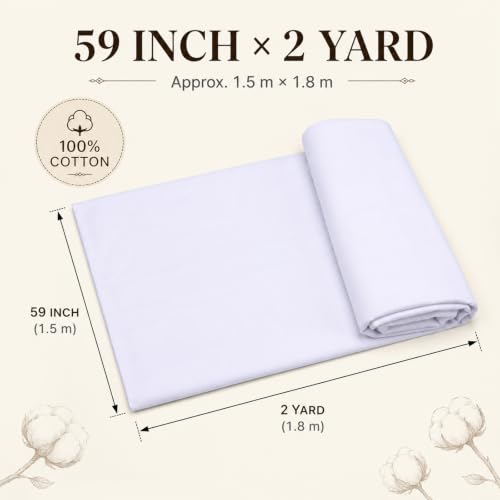 Tudomro 2 Yard 100% White Cotton Muslin Fabric 59 Inch Wide Natural Cotton Fabric by The Yard Tie Dye Soft Breathable for Quilting, Sewing, Embroidery, Apparel, Lining & Crafts