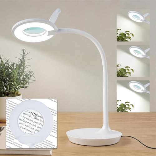 3X+6X Magnifying Glass with Light and Stand, Dimmable LED Magnifying Lamp - color: White
